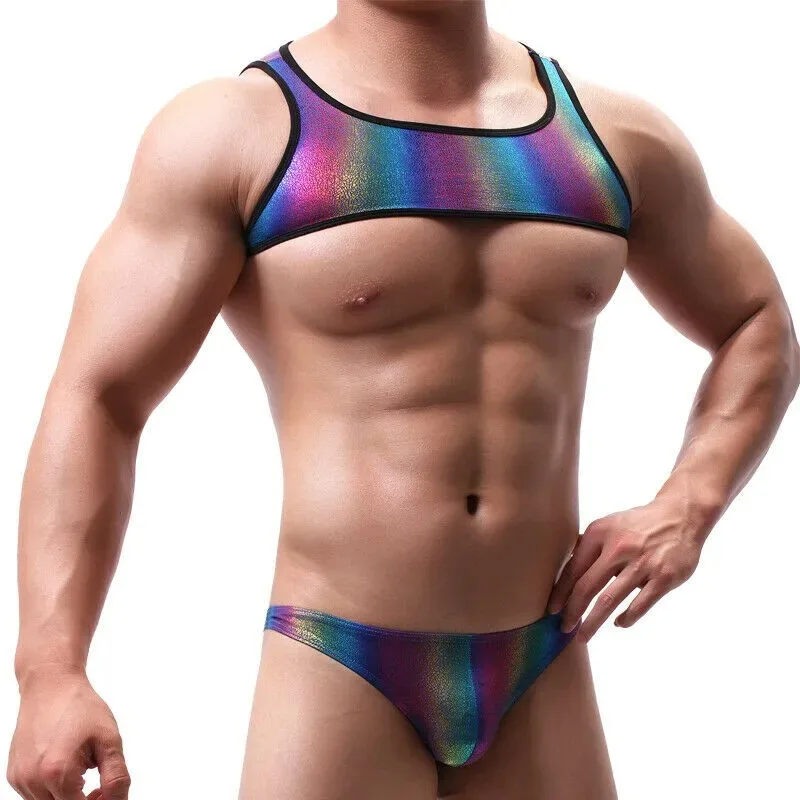 

Men Undershirts Sets Sexy PU Leather Body Chest Harness Mini Vest + Low Waist Thongs Briefs Male Crop Tank Tops G-strings Suits