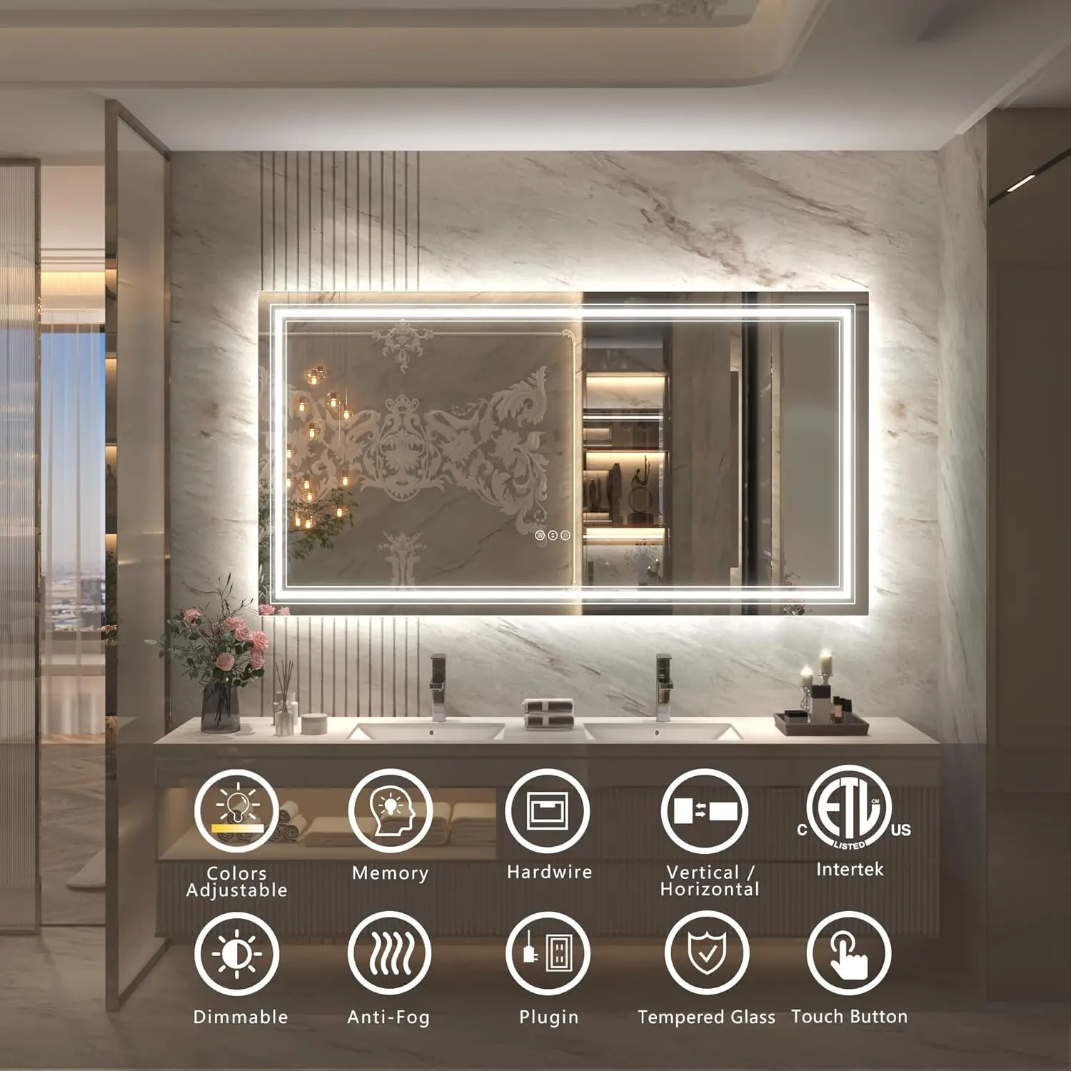 Bathroom Wall LED Lighted Mirror - Large, Dimmable, Shatterproof, Anti - Fog (Backlit and Front Lighted)