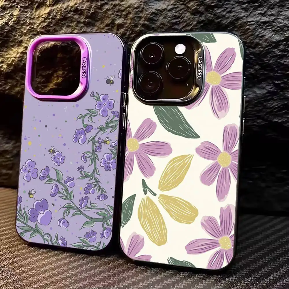 

Flower Phone Case For iPhone17,16,15,14,13,12,11 Pro Max Purple Colorful Silver Plated Inside Phone Case