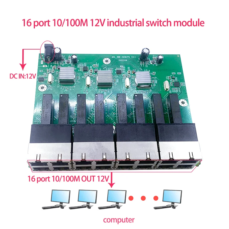 16 port 10/100M dc in 12V industrial  ethernet switch module for School , Shopping Mall , Industrial Zone, Shopping Mall