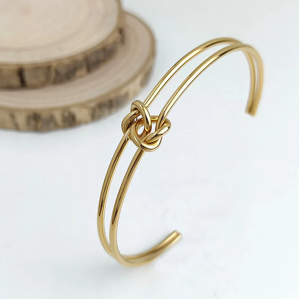 

Charming double layer wire bow gold plated 18k stainless steel bracelet, high quality waterproof silver jewelry, gift for wife