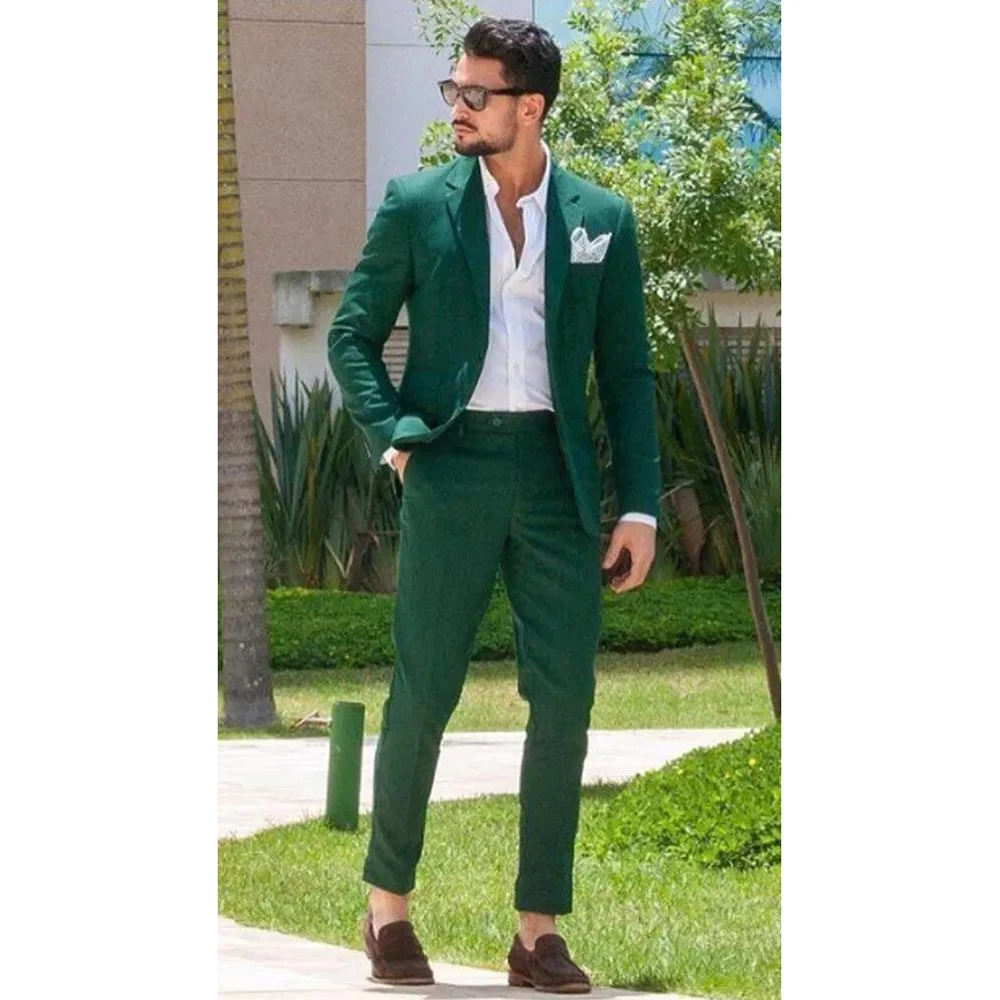 High-end Green Men Suit Two-pieces(Jacket+Pants) Set Slim Fit Fashion Handsome Male Formal Clothing