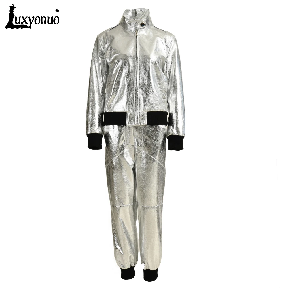 Luxyonuo-Chaqueta de cuero auténtico para mujer, abrigo de piel de oveja, a la moda, de manga completa, color dorado y plateado, novedad de 2023