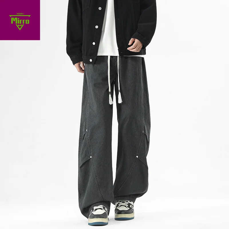 

【Mirrordust】American Retro Deconstructed Long Pants Autumn Drawstring Wide-Leg Loose Black Casual Pants