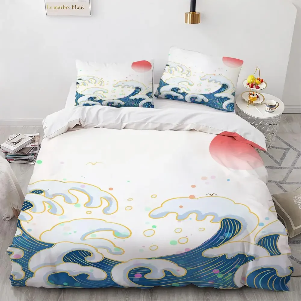 Wave Duvet Cover Set Hokusai Pattern Japanese Ukiyoe Quilt Cover Oriental Sketch Style Ocean Queen Twin Polyester Bedding Set