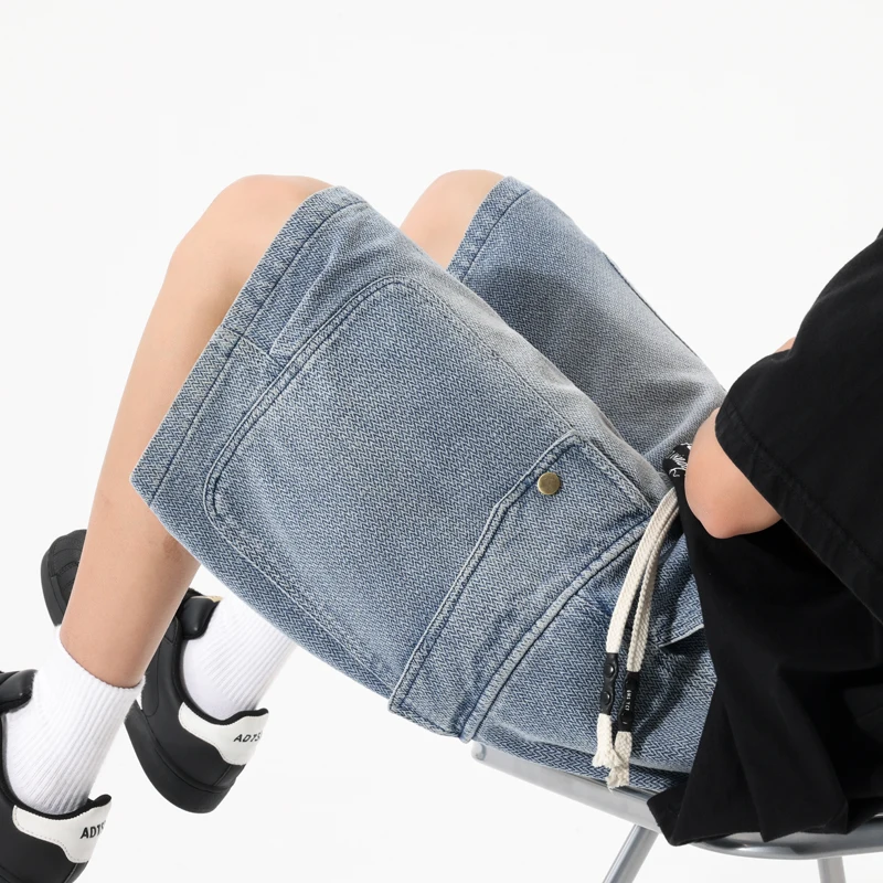 

Retro Denim Shorts for Men Loose Straight Leg Multi-pocket Short Jeans Pants Summer 8XL Elastic Waist Drawstring Jean Shorts Man