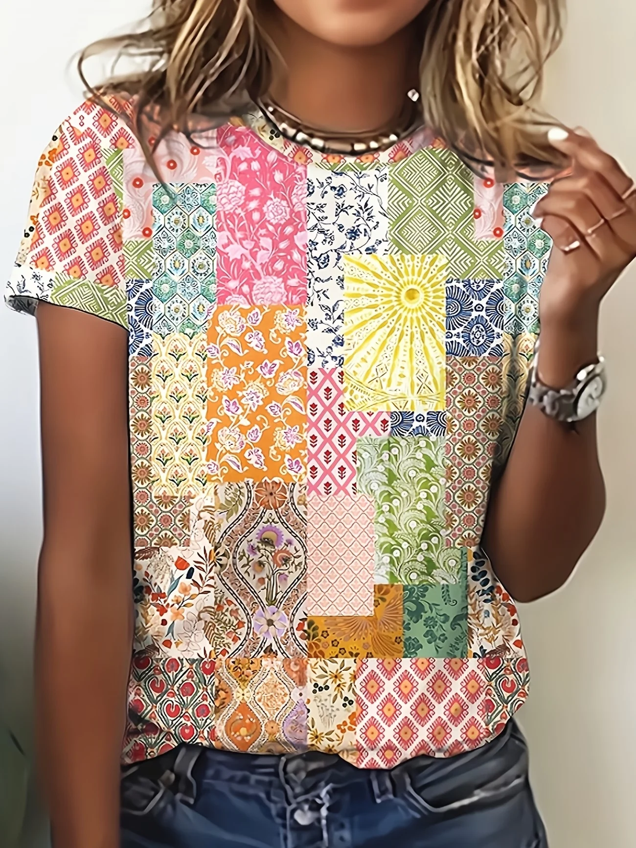 CHEERFUL YELLOW PATCHWORK PRINT WITH BUTTERFLIES, LADYBUGS & FLORALS—BRIGHT, PLAYFUL STYLE. PAIR WITH JEANS FOR A SUNNY, EYE-CAT