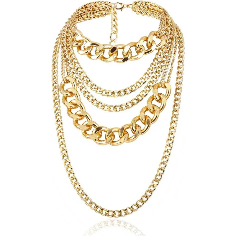 Chunky Gold Necklaces for Women, Multilayer Punk 80s Hip Hop Layered Cuban Link Chain Statement Necklace 90s Freaknik Outfit