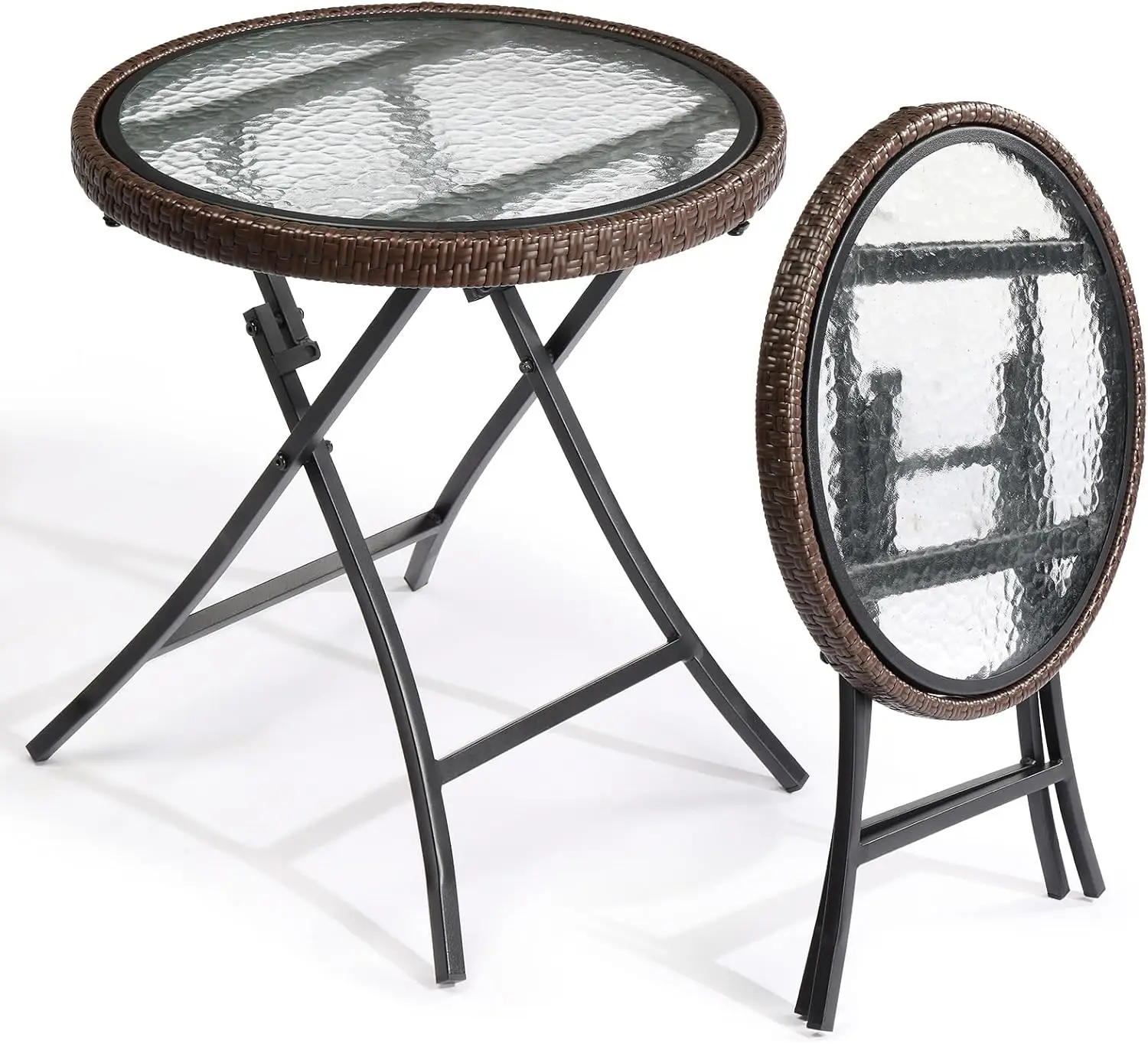 

Modern Brown Rattan Folding Glass Outdoor Side Table, Small Patio Table with Tempered Glass Top,Round,1 Pack