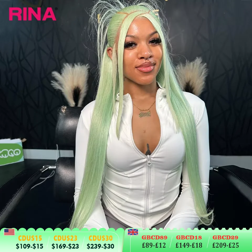 

Light Mint Green Straight 13x6 Frontal Human Wig Pre Plucked 613 Colored Bone Straight Transparent 13x4 Lace Front Wig for Women