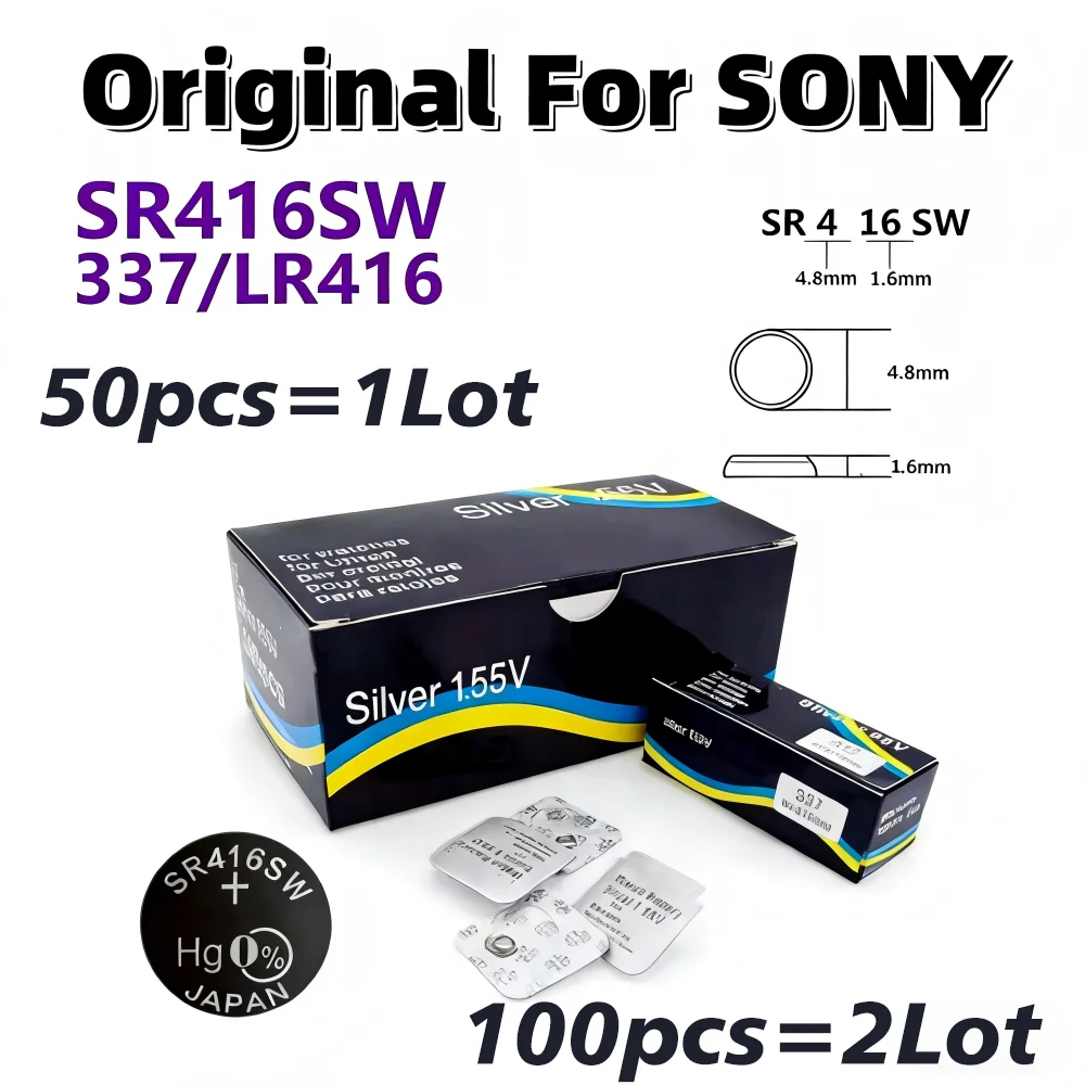 50-100P Original For SONY SR416SW Button Battery Watch Battery Coin Cell Batteries 623 D337 337 SP337 1.55V Individual Packaging