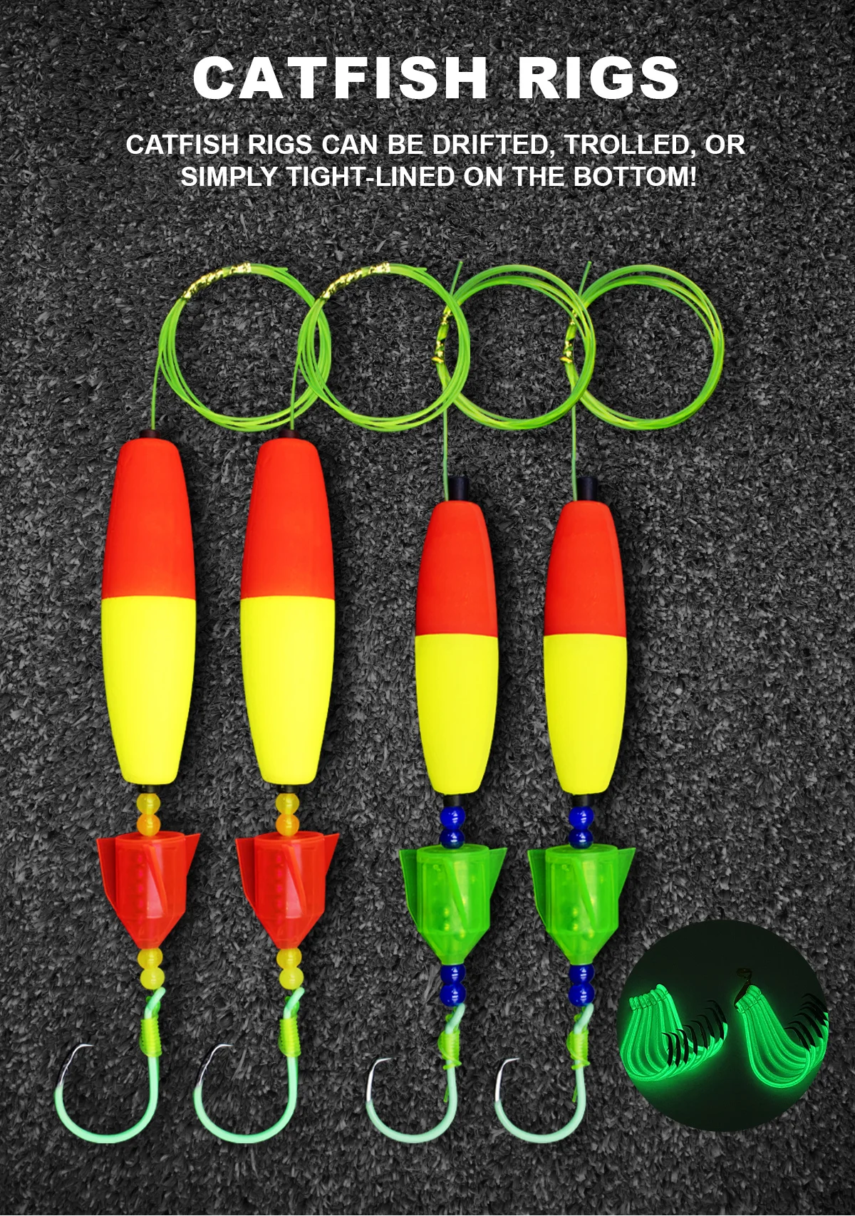 ZYZHE 1 Stück Welsangel-Rigs mit leuchtenden Kreishaken, Santee Cooper Drill Cork Schaumstoff-Schwimmer, Glockenindikator, Wels-Schwimmer-Rigs – Detail 1