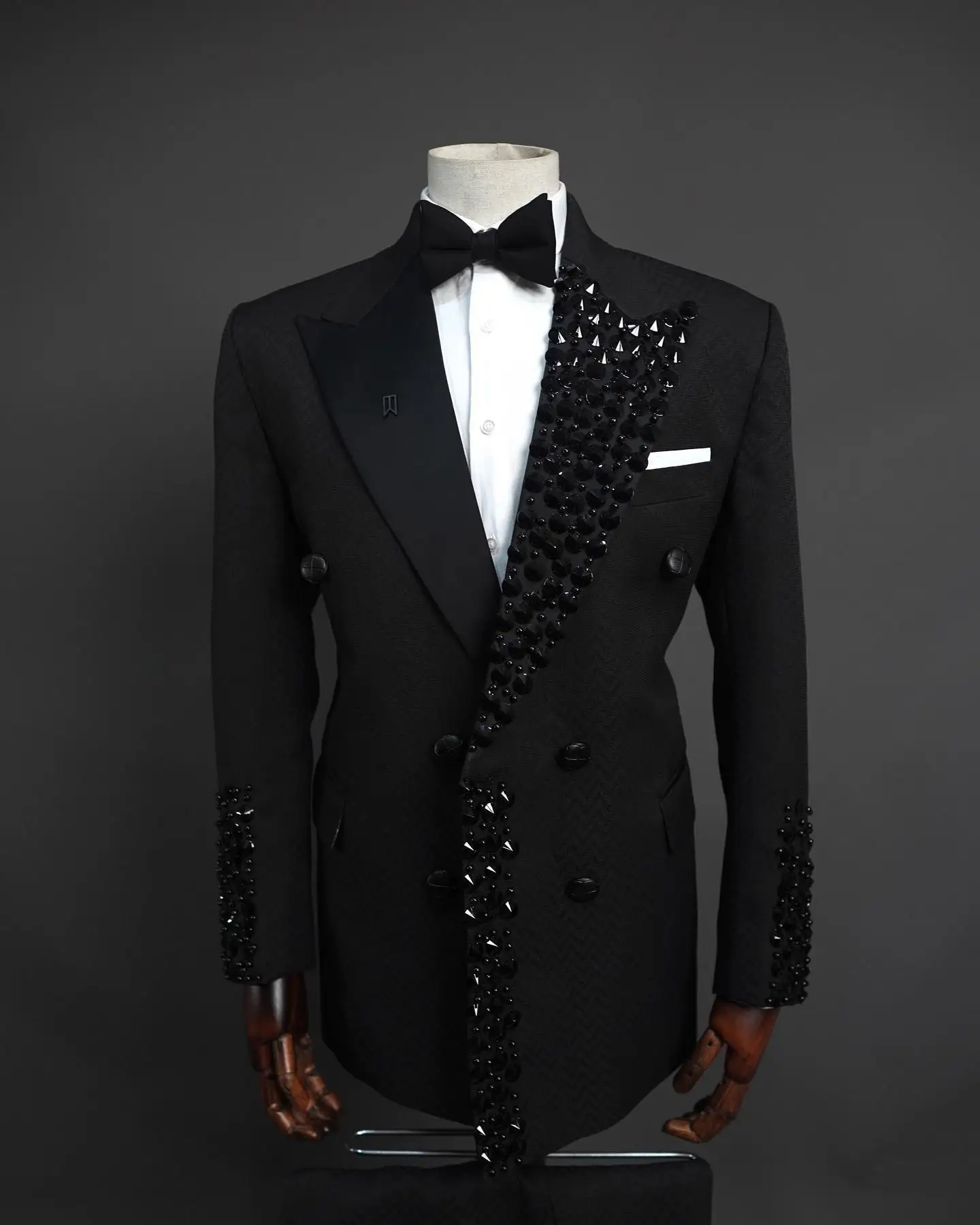 Black Men Suits 2 Piece Crystals Blazer+Pants Prom Wedding Tuxedo Coat Custom Made Formal Office Business Jacket Trousers