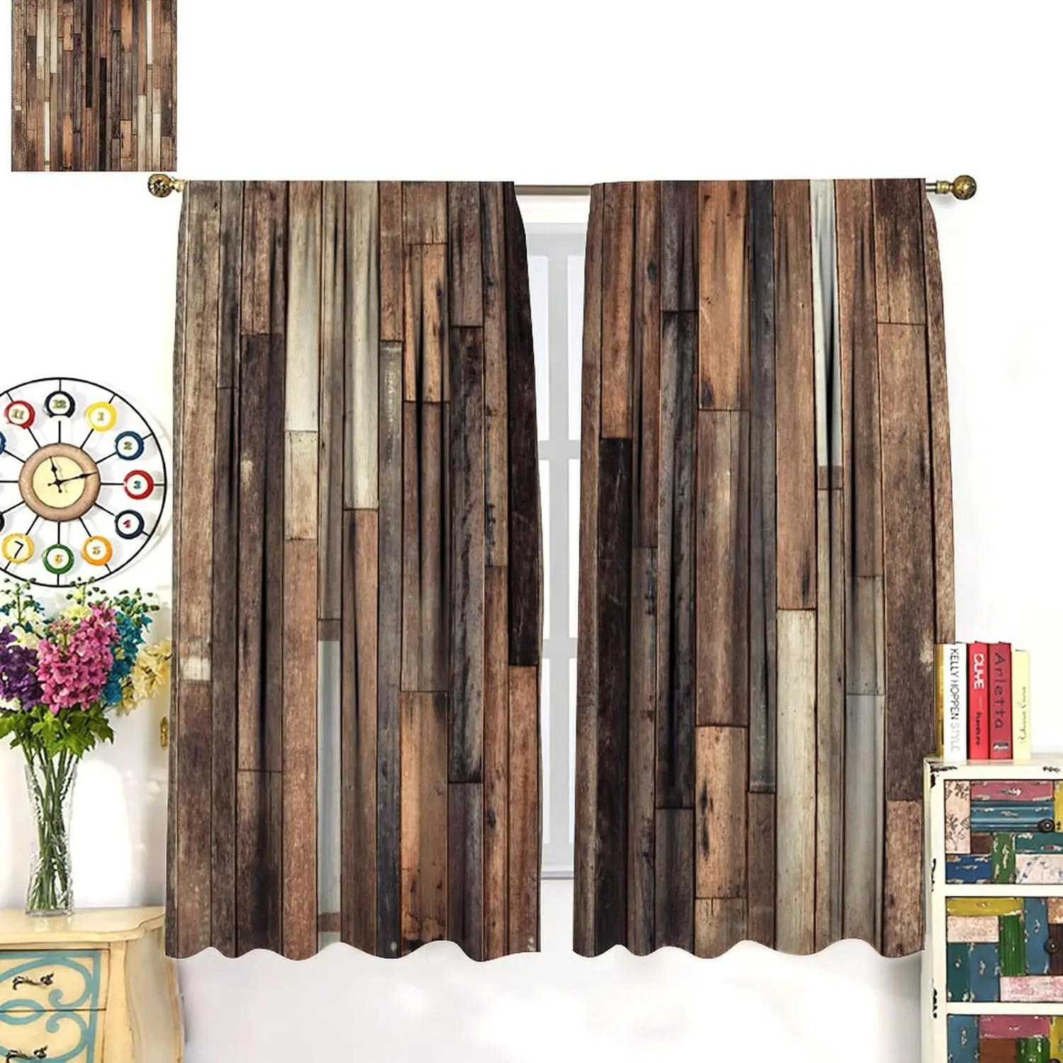 ستائر خشبية ريفية، ستائر نافذة بنمط لوح بني عتيق لبيت المزرعة لغرفة النوم وغرفة المعيشة مقاس 42 × 45 بوصة #5