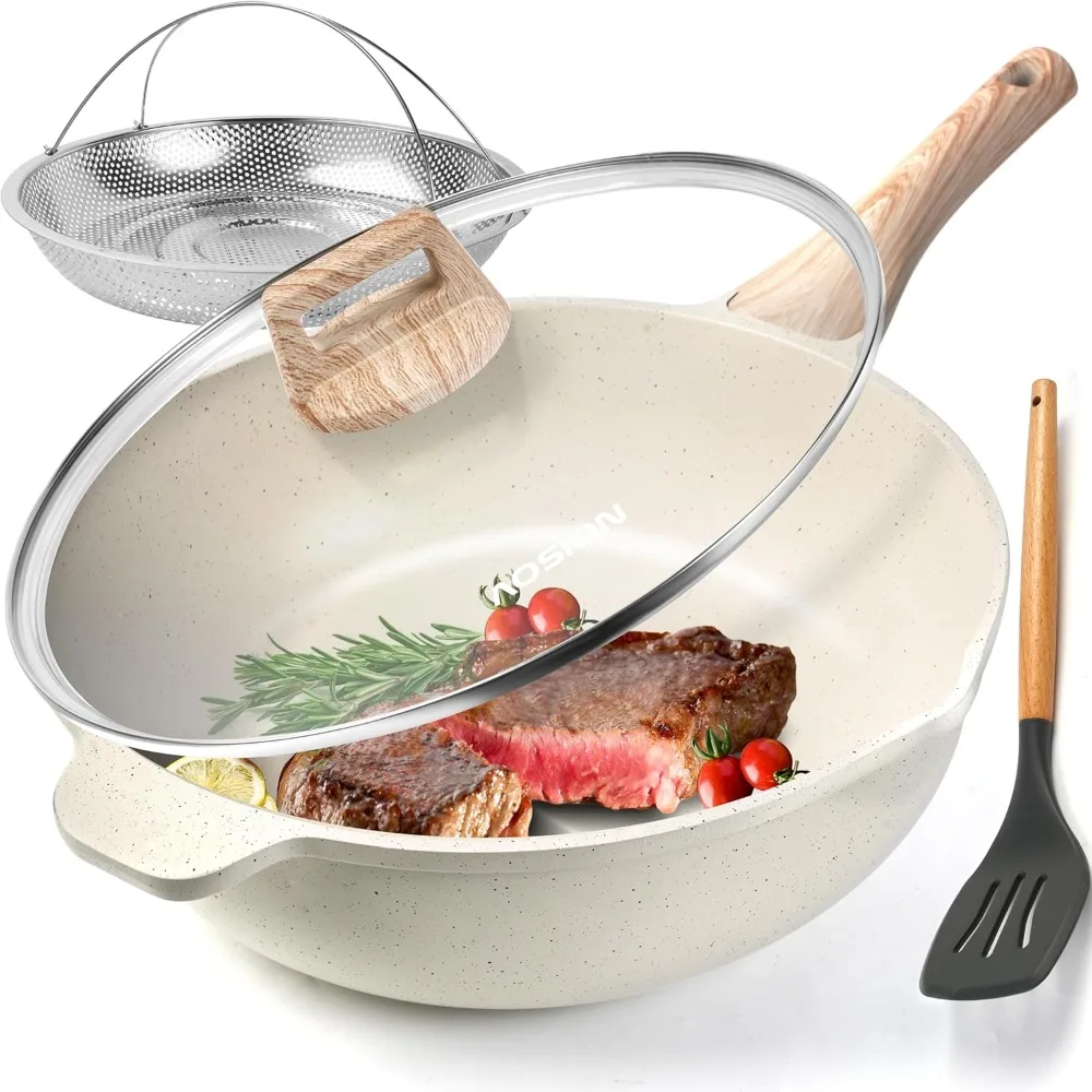 

11 Inch Nonstick Ceramic Deep Frying Pan Skille with Lid,5QT Sauté Pan for Cooking with Steam Rack,Healthy Large Skillet