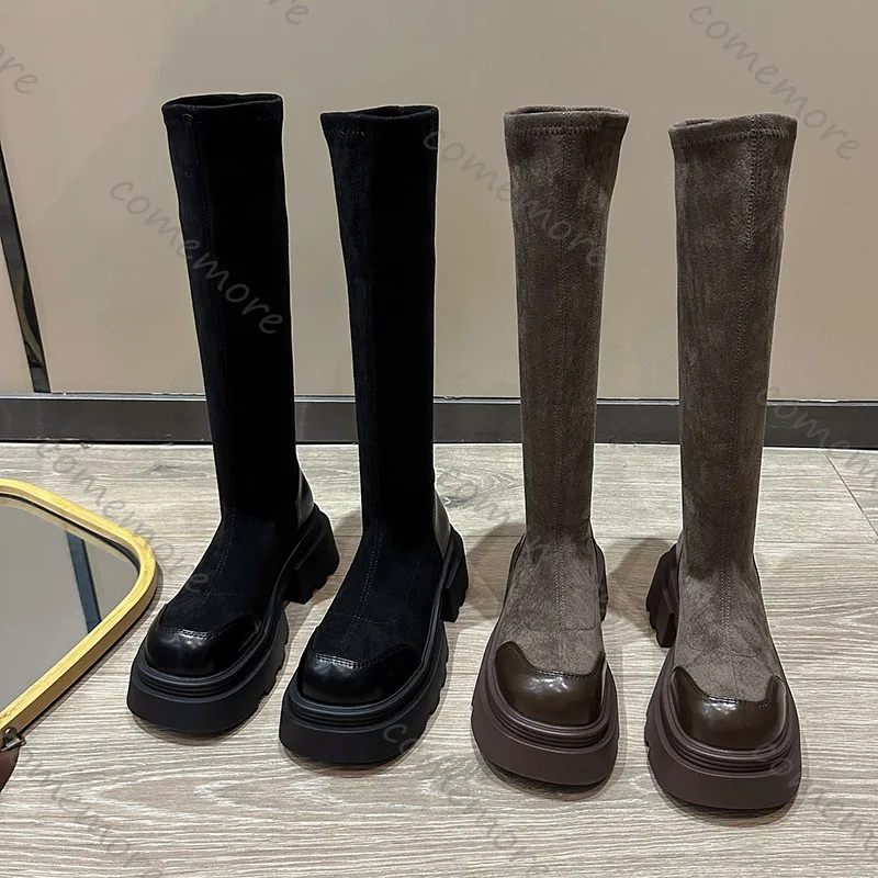 Comemore Damen Kniehohe Sockenstiefel, klobiger Blockabsatz, Plattform, Stretch, Slip-On, Patchwork-Schuh, Vintage, Herbst, lässig, lange Botas