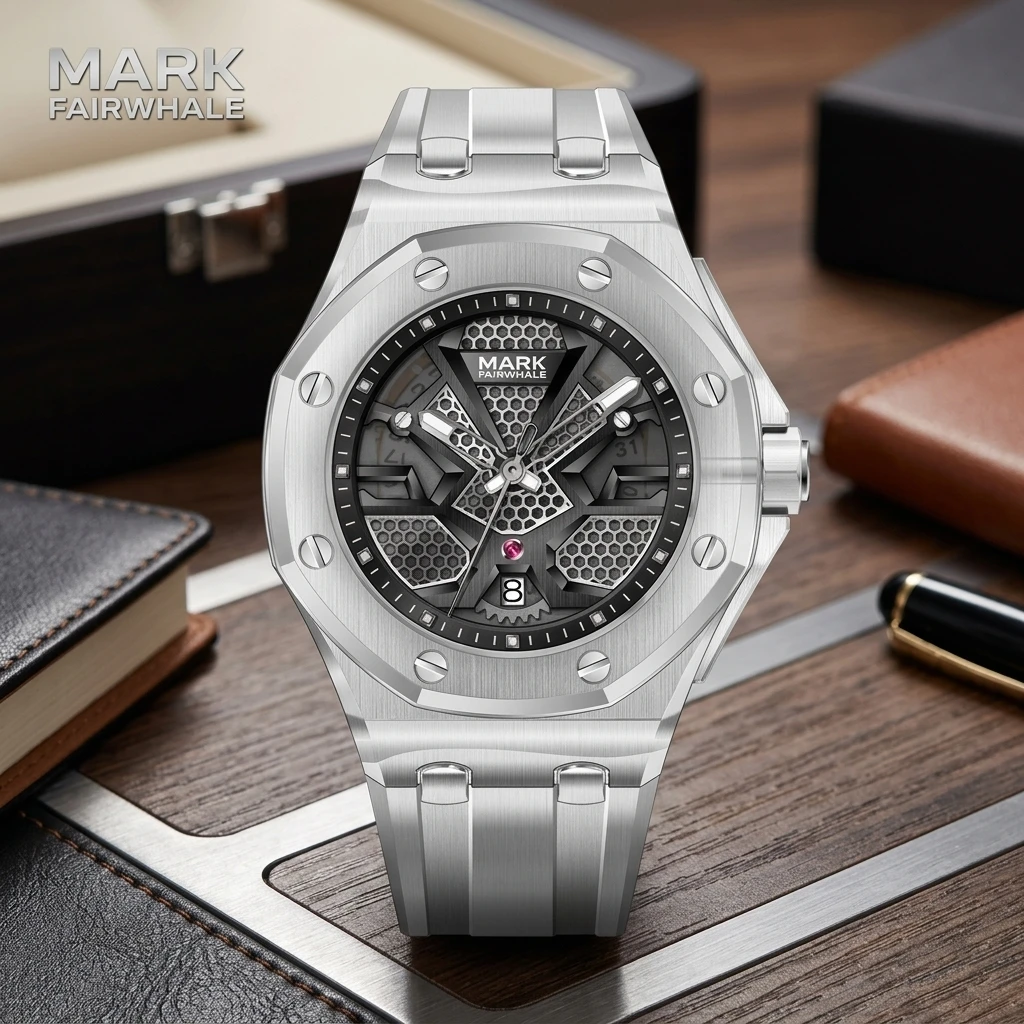Mark Fairwhale Mens Wristwatch Octagon Screw Bezel Hollow Skeleton Dial Date Display Stainless Steel Band Fashion Watch