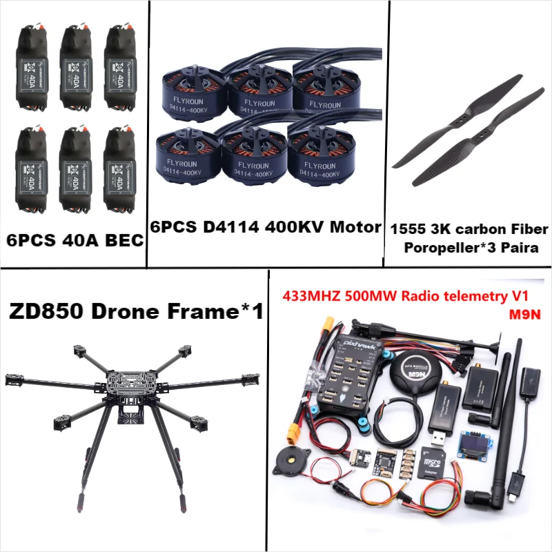 ZD850 Pixhawk 2.4.8 M9N Full Carbon Fiber 850mm Hexa-Rotor Frame BLHELI 40A ESC  Flight Comtrol Rado Telemetry Set