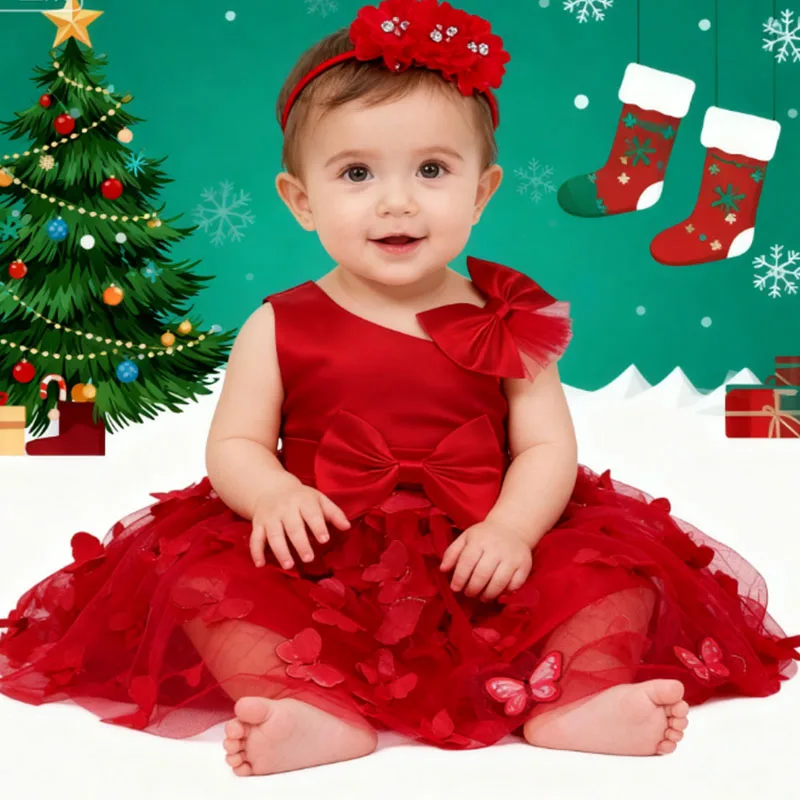 

Christmas Gift Baby Girl Dress Bowknot Butterfly Tutu Dress Infant Toddler Flower Girls Wedding Birthday Dresses With Headband