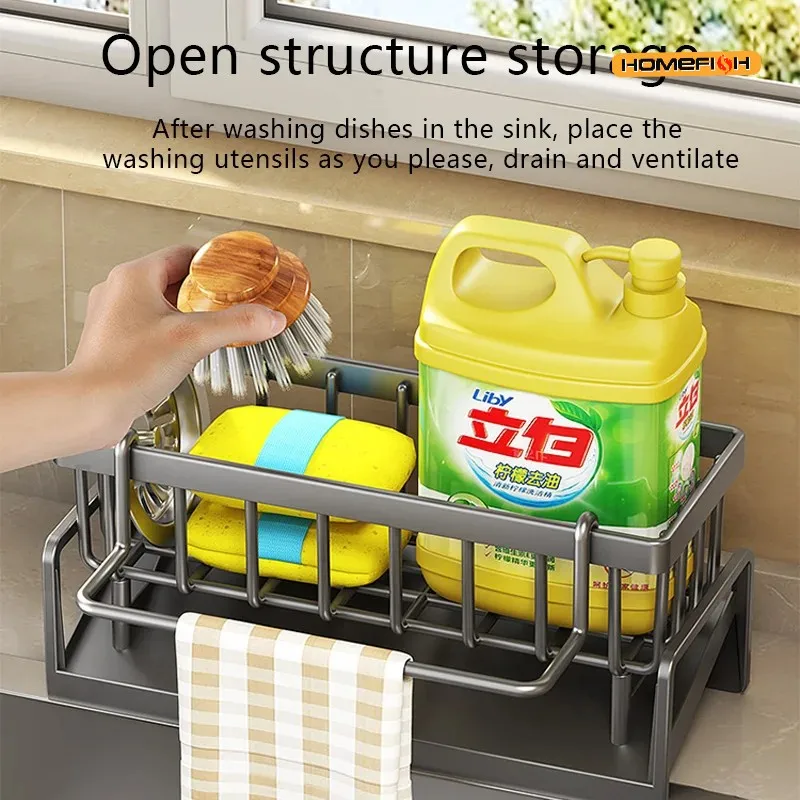 

HMJ2 Multi Functional Kitchen Sponge Rack Drain Water Place Dish Soap Organize Rags Capacity Countertop And Store Items
