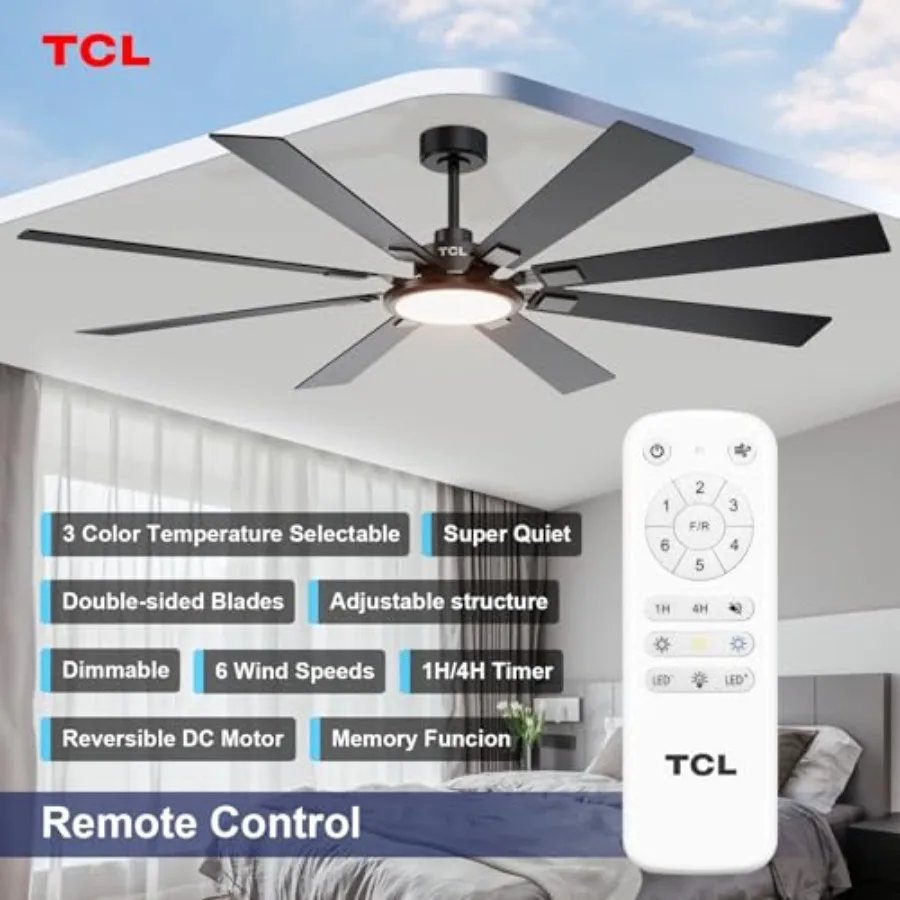 Ceiling Fans with Lights and Remote: 8 Blades, Quiet Reversible DC Motor, Dimmable Super Bright LED, Noiseless Large Modern Fan