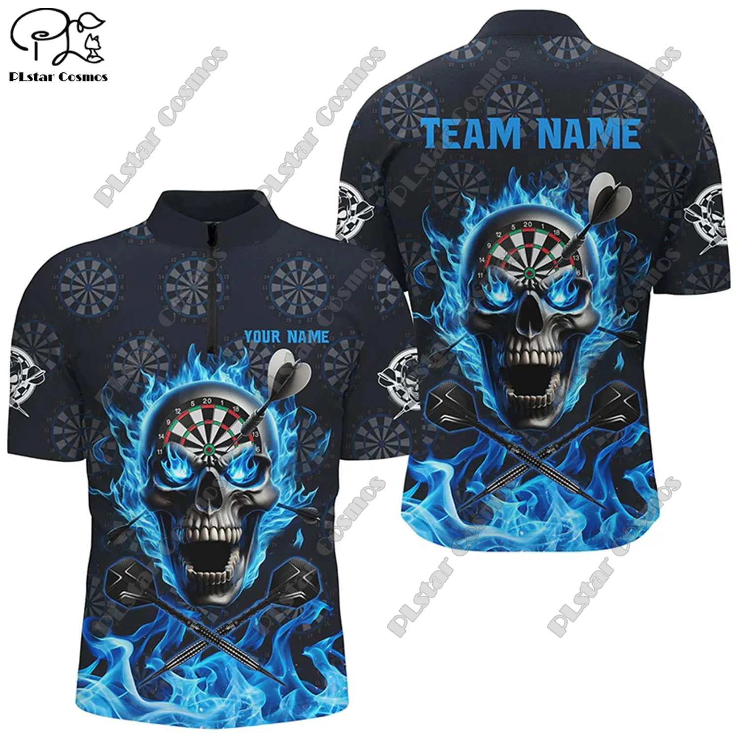 New Custom 3D Printed Flame Pattern Darts Stand Collar Zipper POLO Shirt Universal Casual Team Throwing Sports Unisex Tops D-12