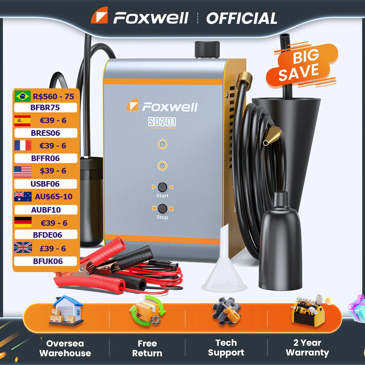 FOXWELL SD201 Automotive Smoke Machine Built-in Air Compressor EVAP Vacuum Exhaust Pipe Diagnostic Tester Smoke Leak Detector