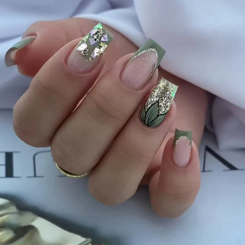 

24Pcs Mid-length Square Head False Nails Press on French Shiny Powder Fake Nails Green Gradient Detachable Full Cover Nails Tips