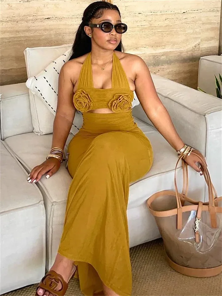 

Ruched Applique Dress Women Sexy Bandage Halter Hollow Sleeveless Robe Street Trend Stretch Backless Long Bodycon