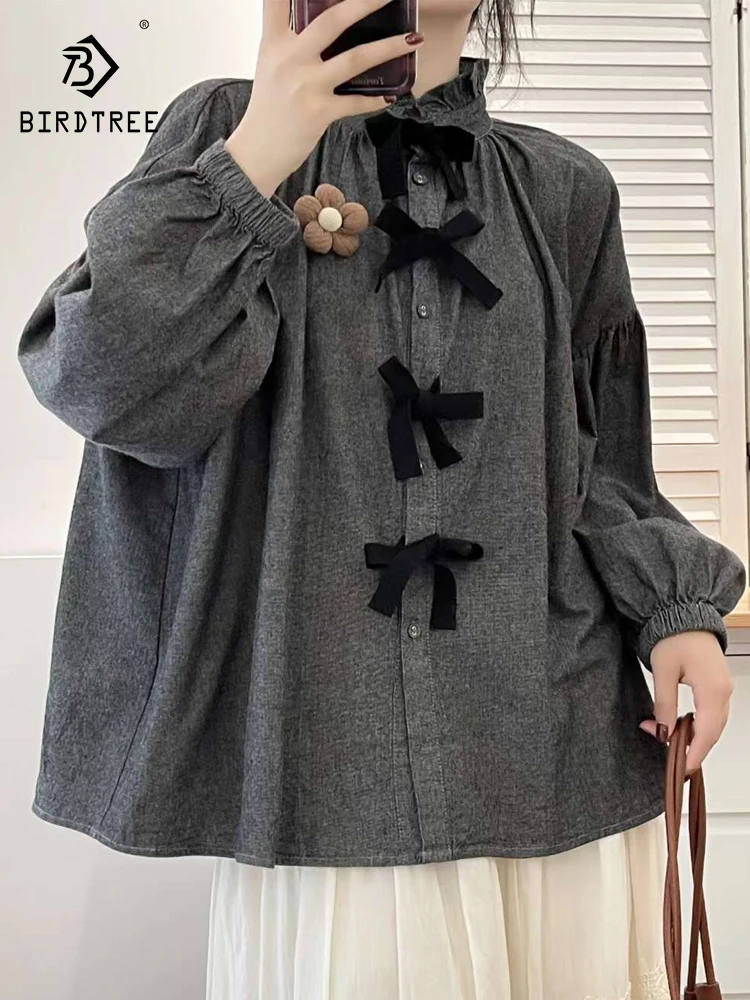 

New Autumn Cotton Long Sleeve Shirt, Women Stand Solid Tops, Mori Girl Retro Japan Style Loose Blouses, 2024 Winter T487155QC