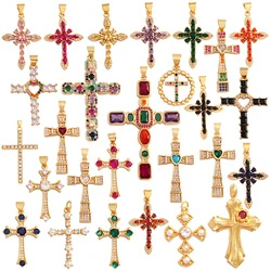 Religious Style Cross Charm Pendant,18K Gold Plated Inlaid Colorful  Zirconia Jewelry Necklace Bracelet Accessories Supplies M41