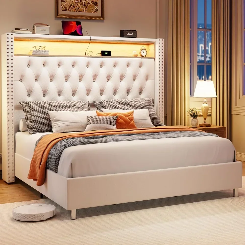 

Queen Bed Frame with Charging Station, Velvet Upholstered Platform Bed Wingback Headboard, No Box Spring Needed, LED BedFrame