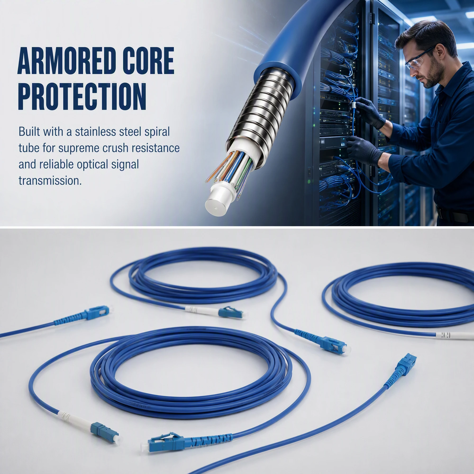Fiber Patch Cord Blue Cable 3.0MM Armored Jumper Single Mode Single Core  LC SC FC ST Connector 1M-100M
