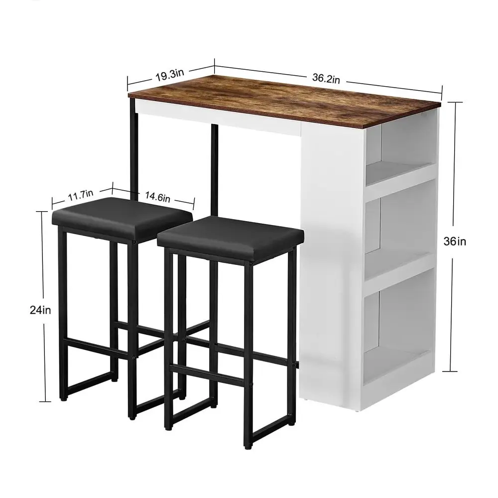 

3 Piece Dining Table Set Kitchen Bar Table with Two Stool Storage Shelves Wood Counter Height Table Top with Sew Kerf Finish Di