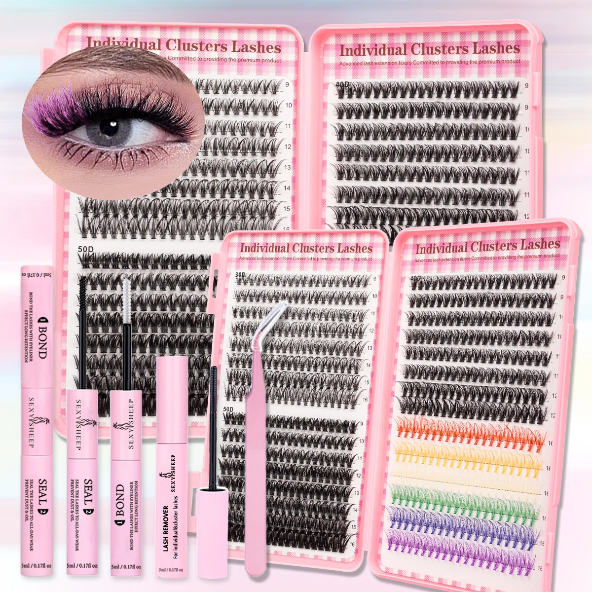 Duże, kolorowe kępki rzęs 30D40D50D 9-16mm, pęseta, klej do rzęs, miękkie i puszyste, odpowiednie do użytku osobistego i w podróży.