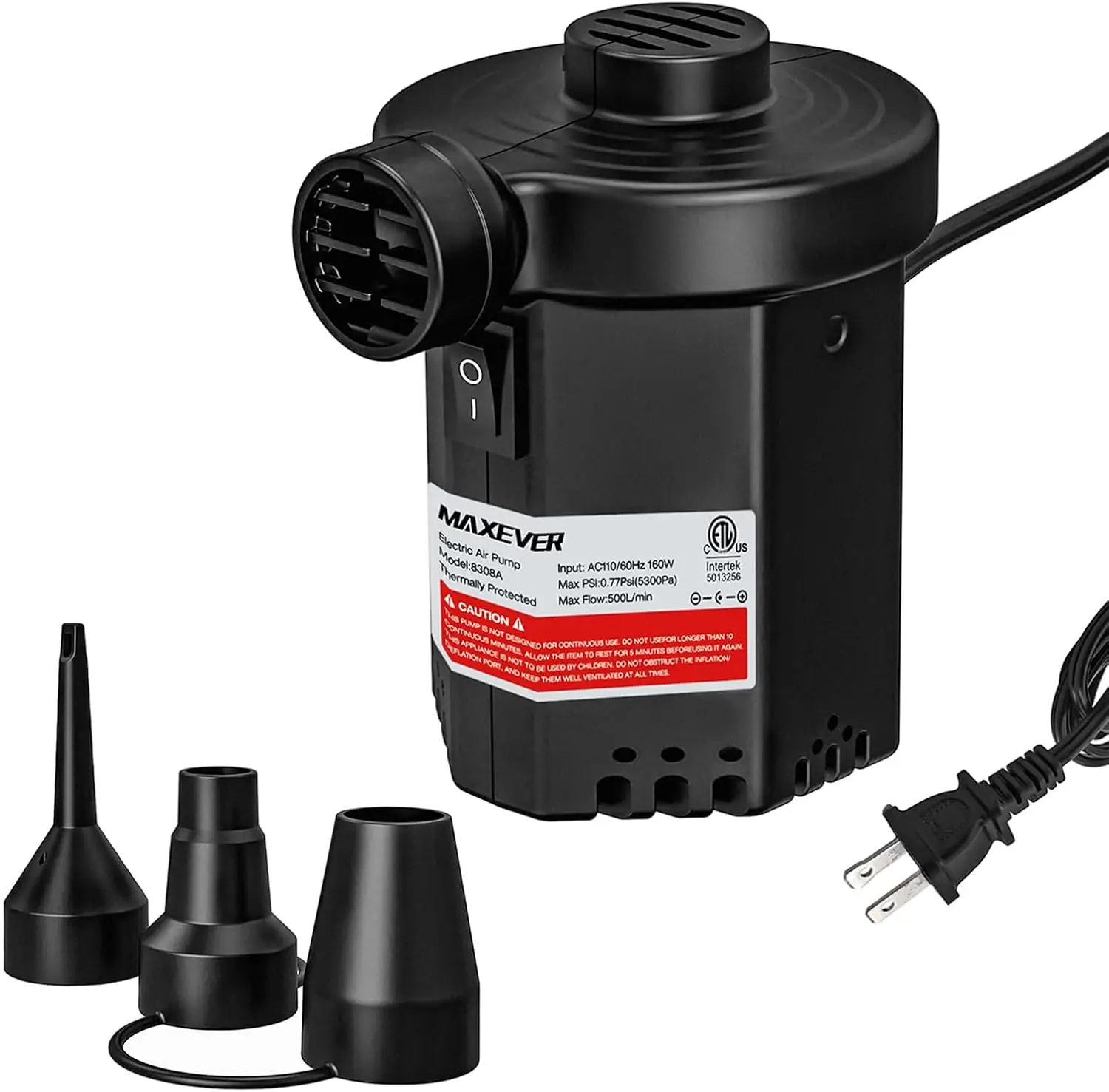 

500L/Min High Speed Air Pump for Pool Inflatables & Camping, Inflator Deflator with 3 Nozzles, 110-120V