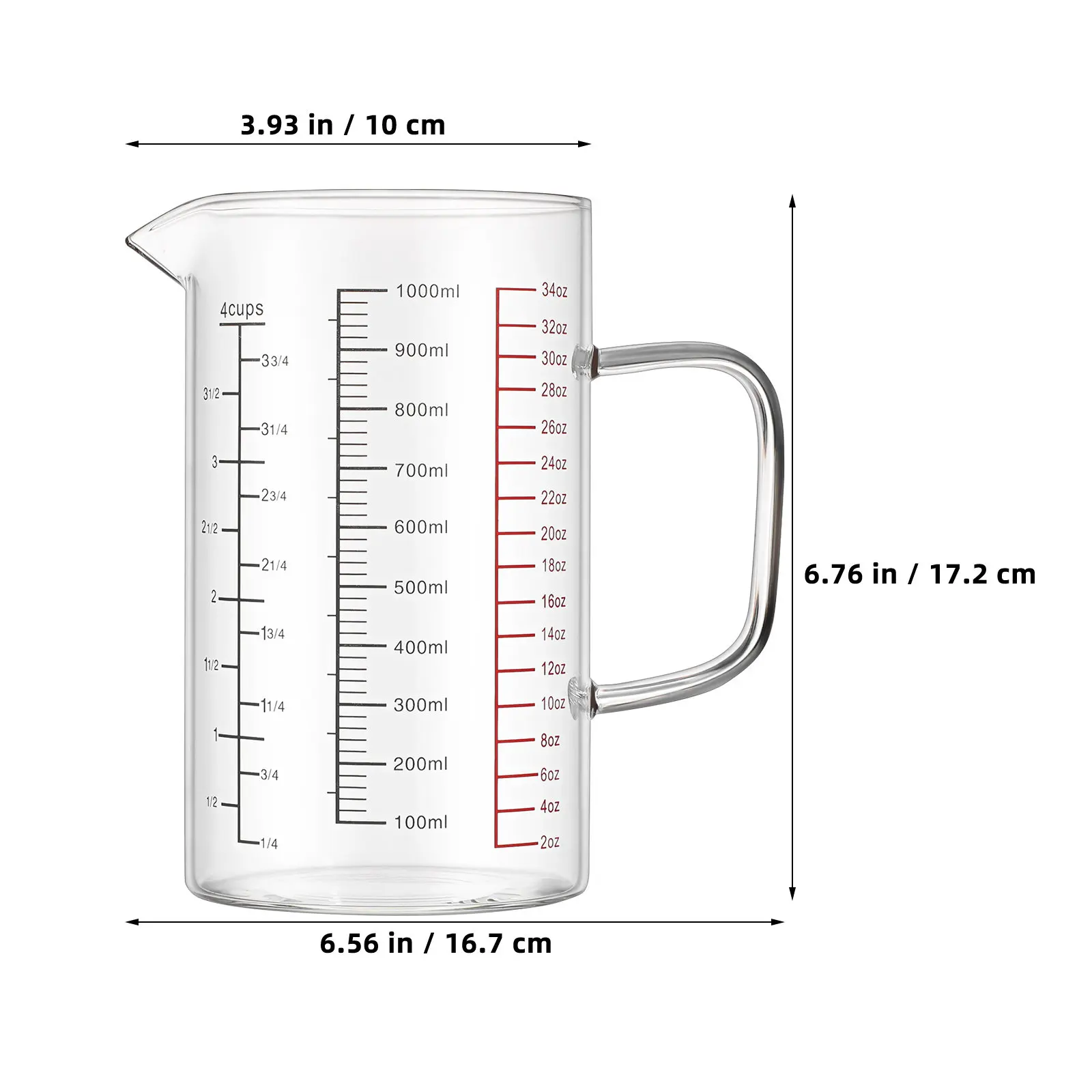 1000 Ml Glass Measuring Cup with Spout Easy to Read Multiple Scales Fluid Measuring Cup for Cooking Baking Mixing Espresso