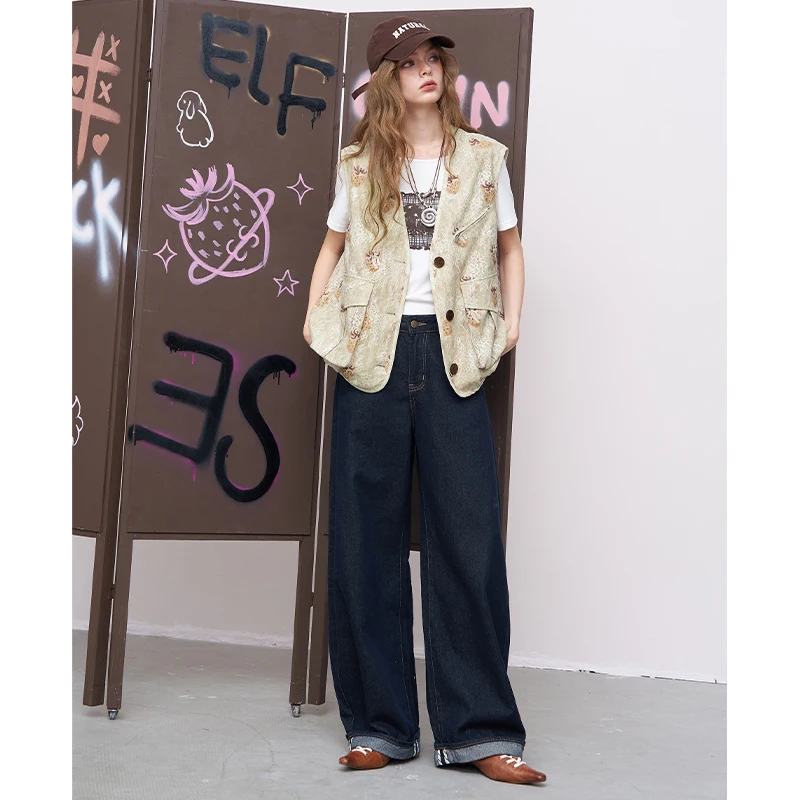 ELFSACK 2025 Autumn New Arrival Casual Loose Graphic Lace Print Vest For Woman