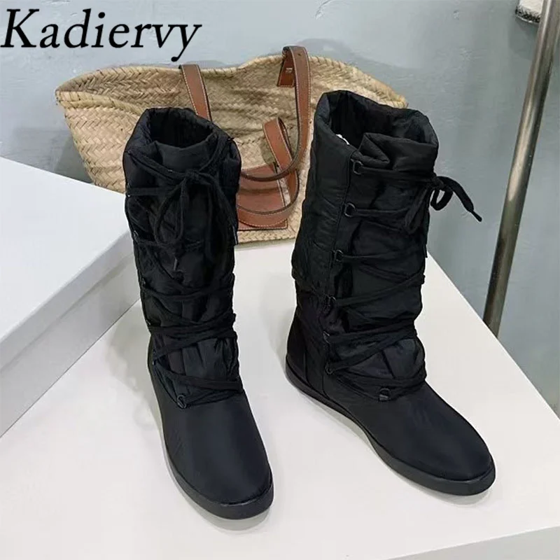 Botas de nieve planas para mujer, zapatos largos de punta redonda con cordones cruzados, impermeables, de tela de nailon, hasta la rodilla, Invierno