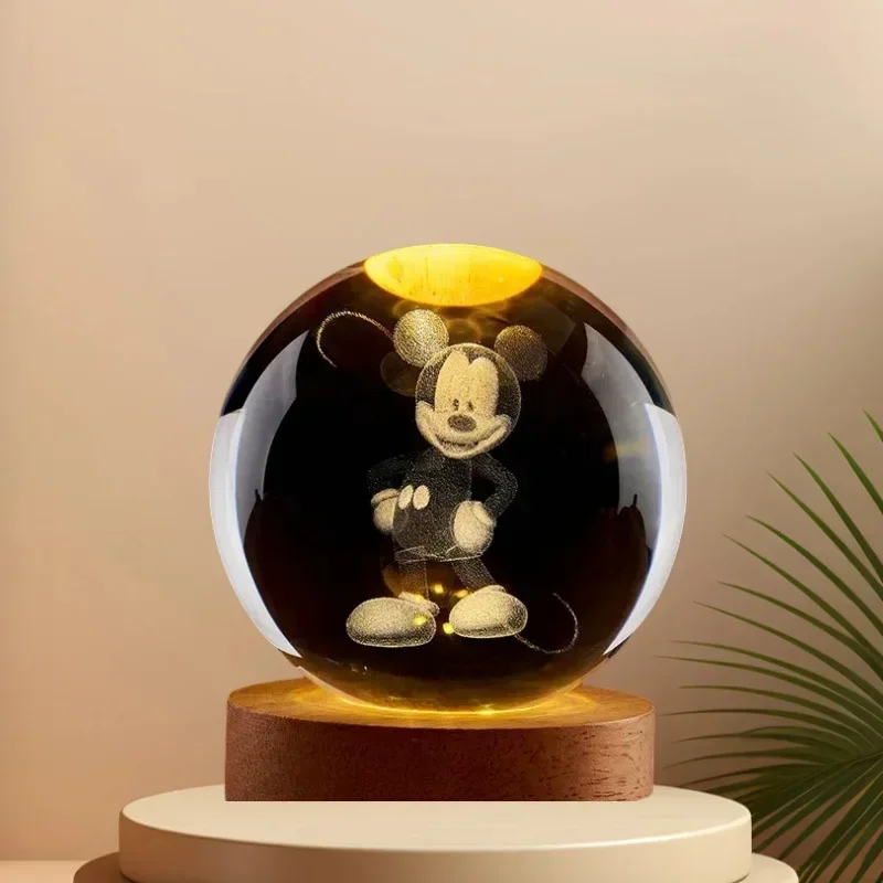 6cm Disney Mickey Mouse Crystal Ball 3D Anime Minnie Lamp Base Kawaii Crystal Glass Ball Figure Night Light Kids Birthday Gift