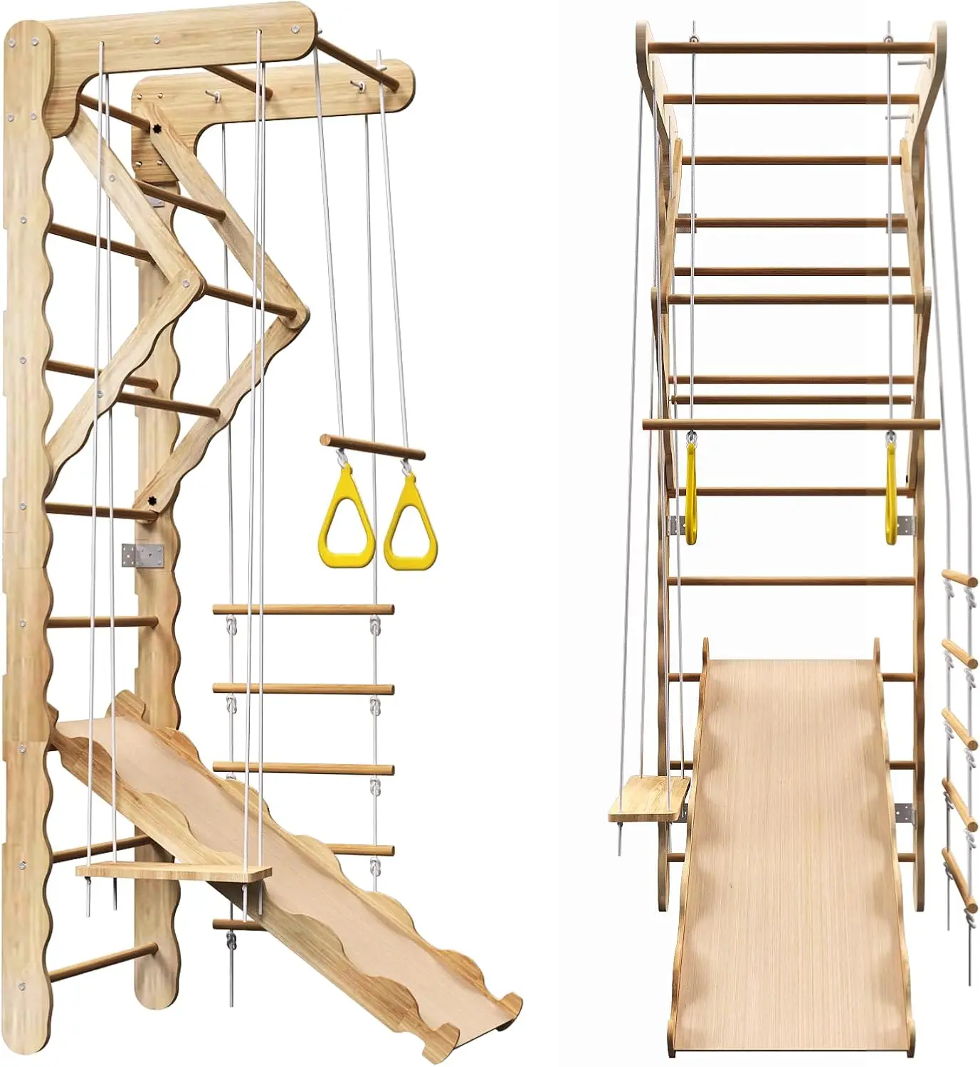 5-in-1 Wooden Indoor Jungle Gym for Kids, Wall-Mounted Swedish Ladder with Pull-Up Bar, Rings, Swing, and Slide – Montessori-Ins