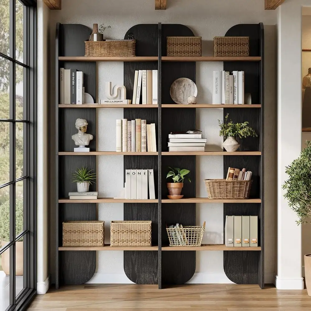 

5-ярусный двойной винтажный книжный шкаф с открытыми полками для гостиной, офиса, кабинета или спальни - черный
