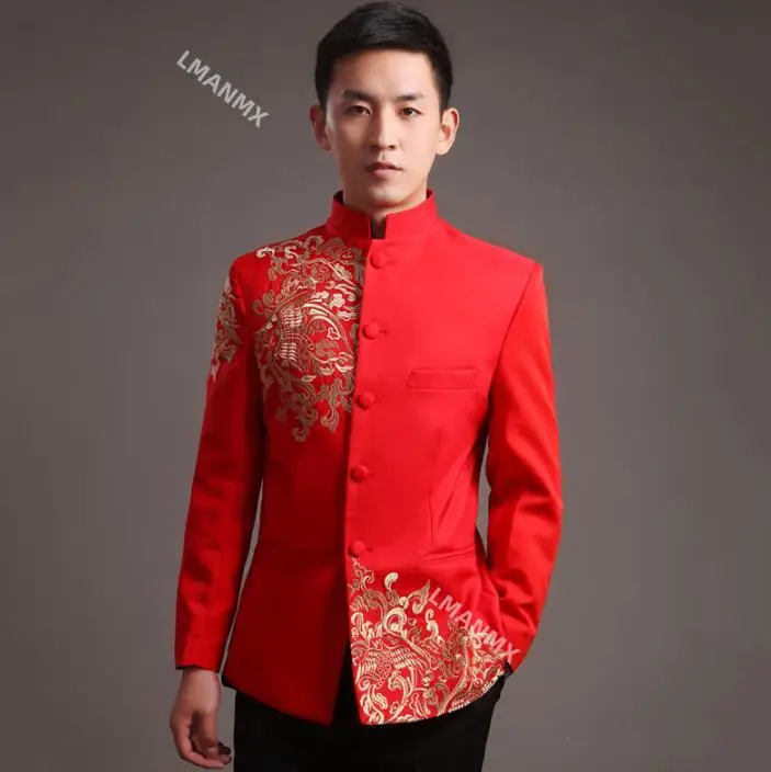 

Traditional Chinese Jacket Groom Tang Vintage Clothing Wedding Men Red Coat Embroidery Zhongshan Blazer