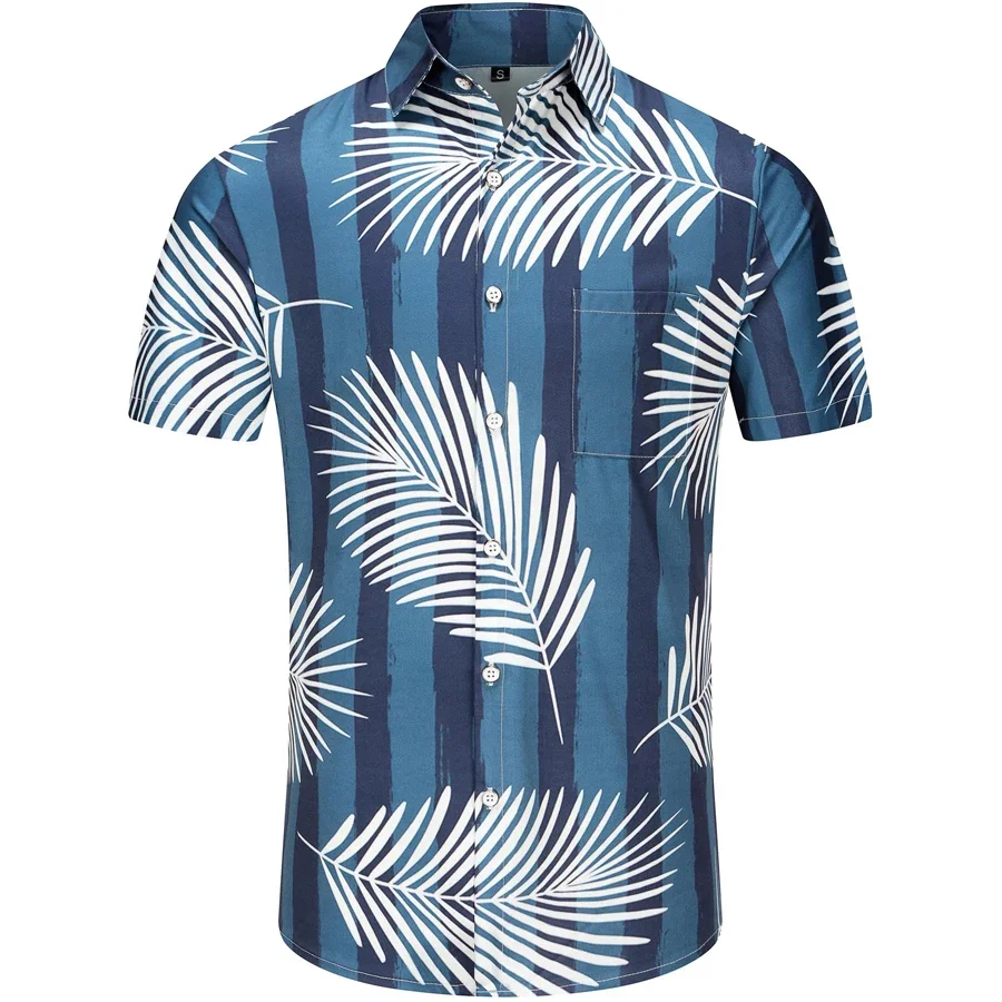 

Hawaiian Shirt for Men Short Sleeve Button Down Summer Clothing Vacation Beach Shirts Stripe with Pockets