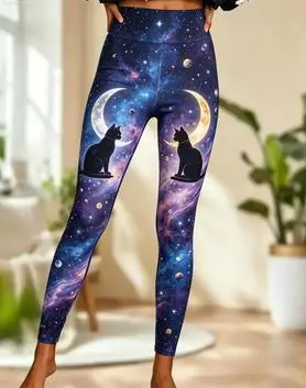 Women Mid‑Rise Fleece Lined Leggings, Halloween Mystic Galaxy Cat Moon Tribal Print Slim Elastic Trousers view 4
