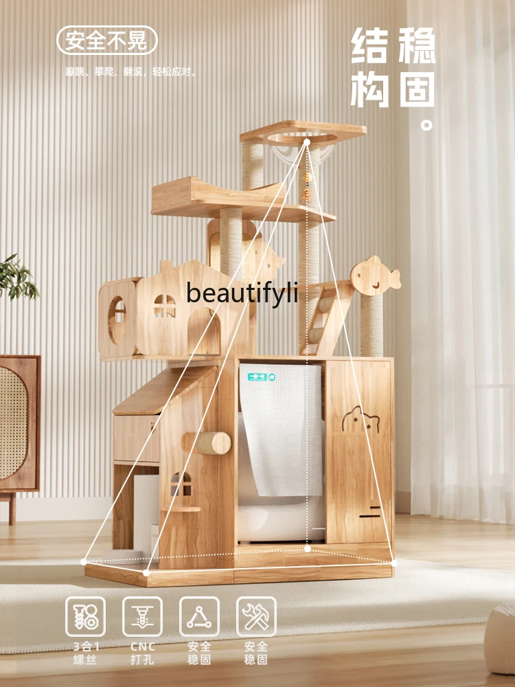 Solid wood cat climbing frame can hold cat litter box, integrated scratching board, household open villa toy cat rack