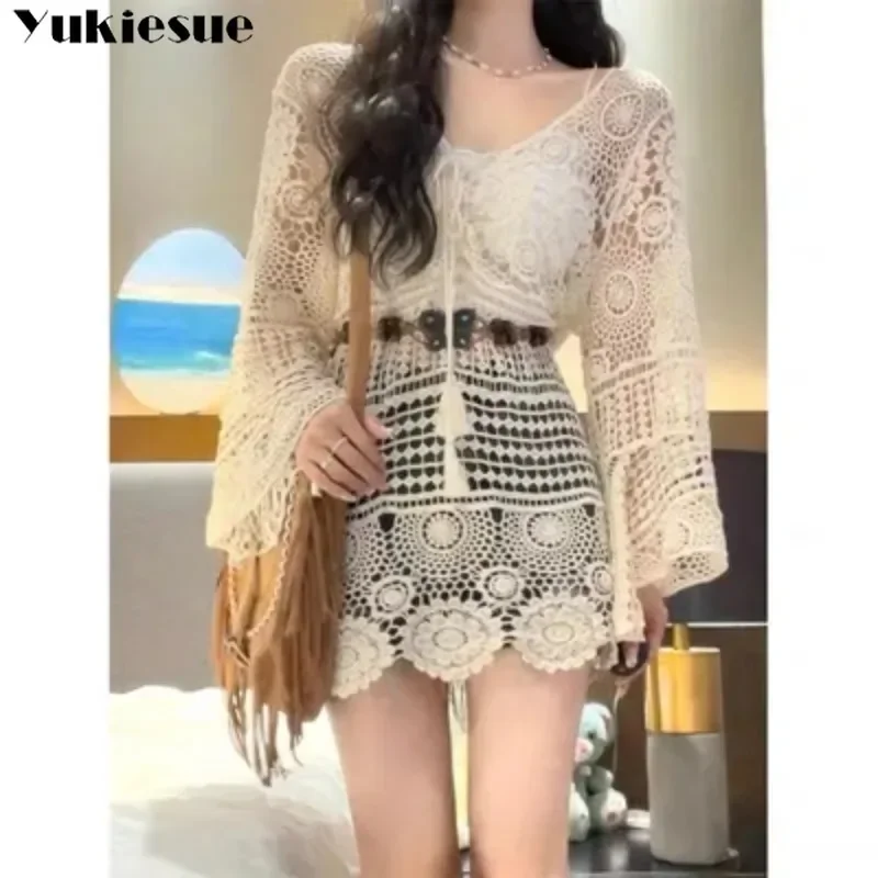 

Ретро полый солнцезащитный вязаный топ для женщин, летний топ с длинными рукавами, сладкий пряный топ средней длины с поясом