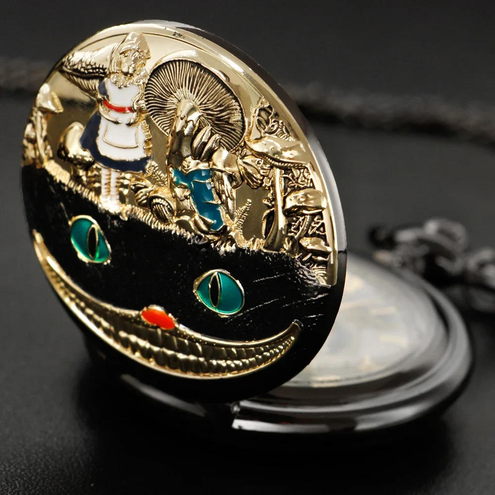 Leuke raar kat ontwerp zwarte retro tijd edelsteen quartz zakhorloge mode hanger ketting voor mannen vrouwen kinderen klok cadeau