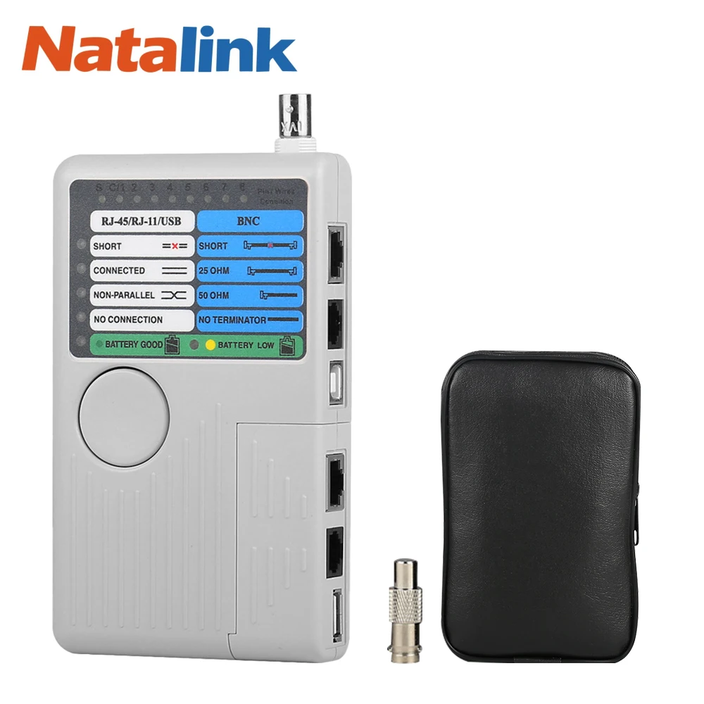 Natalink 4-в-1 RJ45 Тестер сетевых/телефонных кабелей с LED-дисплеем (RJ11/RJ45/BNC/USB), диапазон 90 м, питание 9В