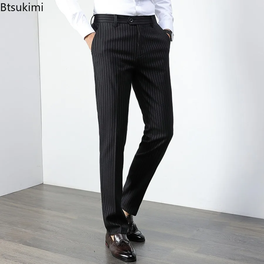 2024 New Men's Suit Pants Fashion Business Casual Straight Pants Korean Style Slim Fit Striped Non-ironing Suit Trousers for Men